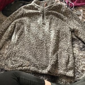 grey wool partial zip-up long sleeve jacket.